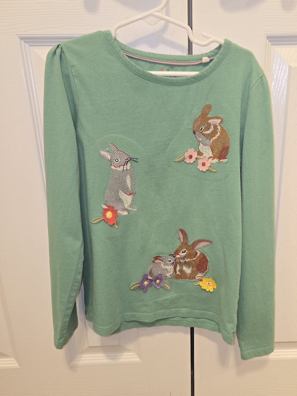Boden Green Long-Sleeve Top with Bunny Appliqués